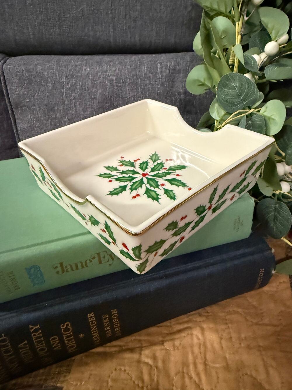 Vintage Lenox Holiday Dimension Collection porcelain napkin holder/trinket dish